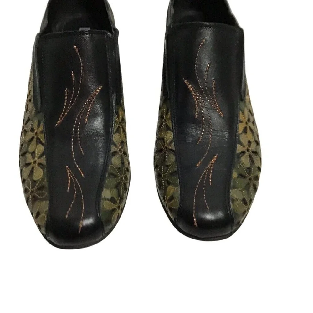 Pikolinos Womens 37 Black Olive Green Floral Leather Laser Cut Wedge Shoes